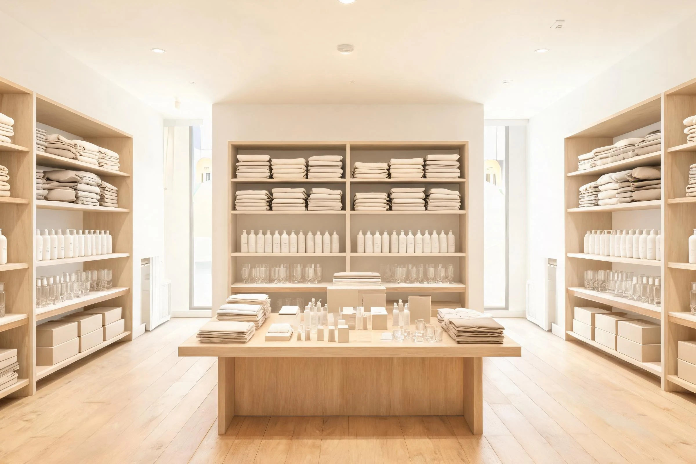 Hotel supply planning showroom with organized samples and packaging