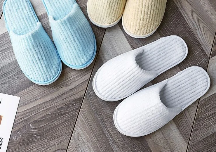 Hotel Home Stay Striped Coral Fleece Eco-friendly Cotton Thick Closed Toe Slippers