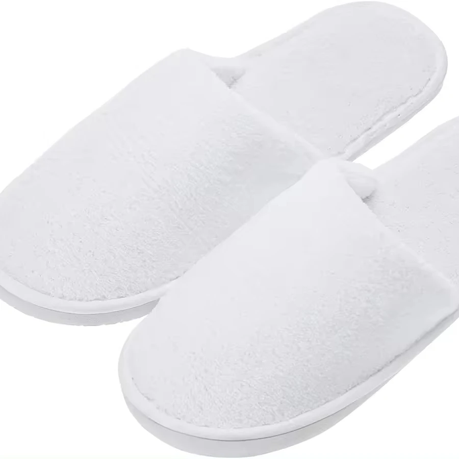 Oem Custom Eco Friendly White Luxury Spa Coral Fleece Closed Toe Eva Sole Disposable Slippers For Hotels With Logo