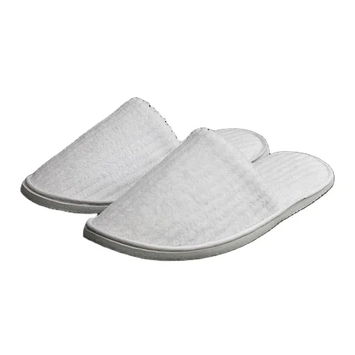 Custom White Poly Terry Disposable Slippers Closed Toe Design For Hotel Spa Wedding Hospital Travel Airline Hotel Amenities