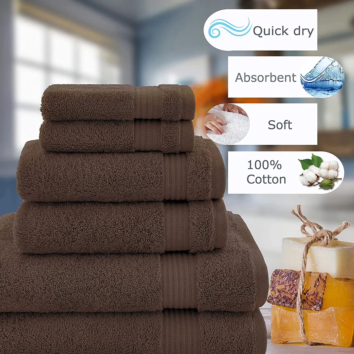 Serviettes de bain 100 % coton de qualit&eacute; h&ocirc;tel & spa S&eacute;chage rapide Jetables Style vague Blanc doux Couleur bleu caf&eacute; Serviette pour les mains et le visage