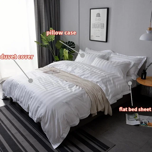 Customized Stripe White Hotel Bedding Set 100% Egyptian Cotton 300tc-exquisite Striped Design For Comfortable Sleep