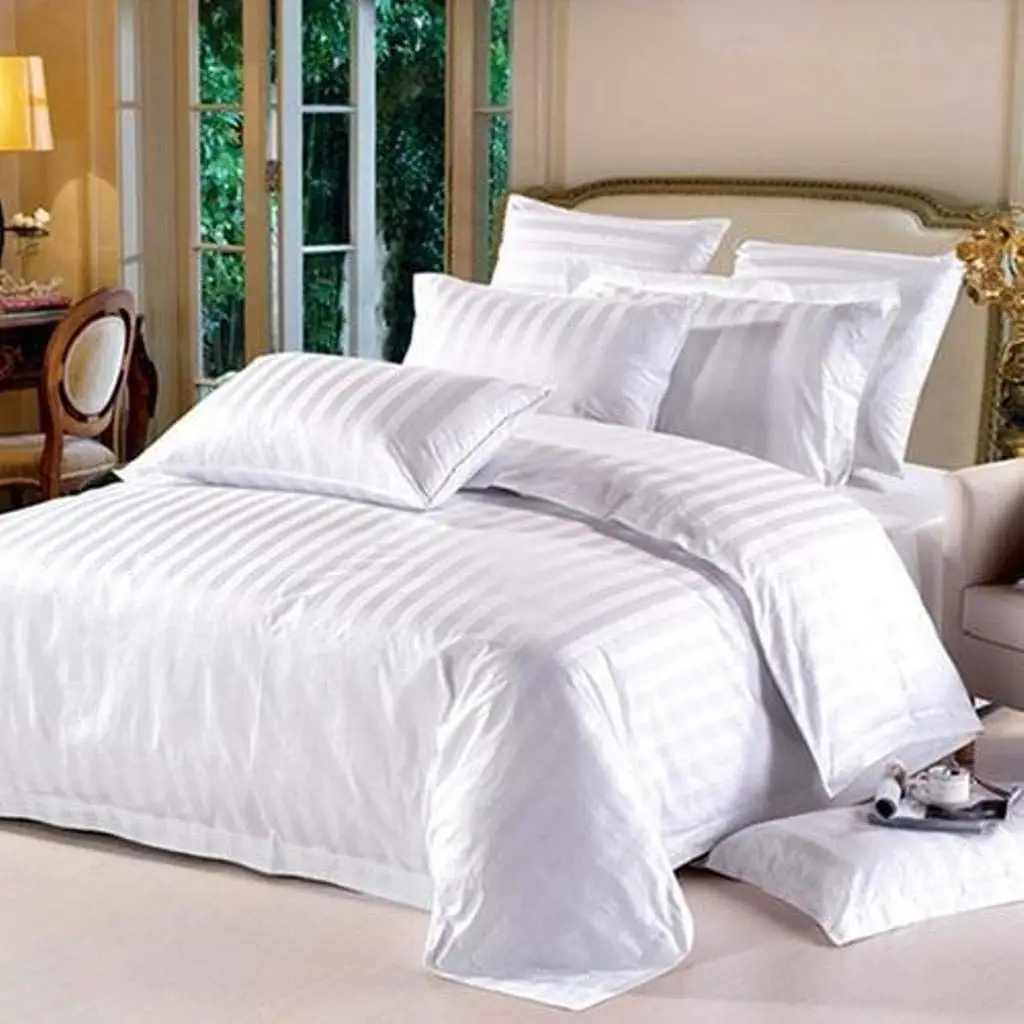 Factory Oem 5 Star Hotel Quality King Queen Size 100% Cotton Bedsheet Bed Fitted Sheet Stripe Luxury White Bed Sheets