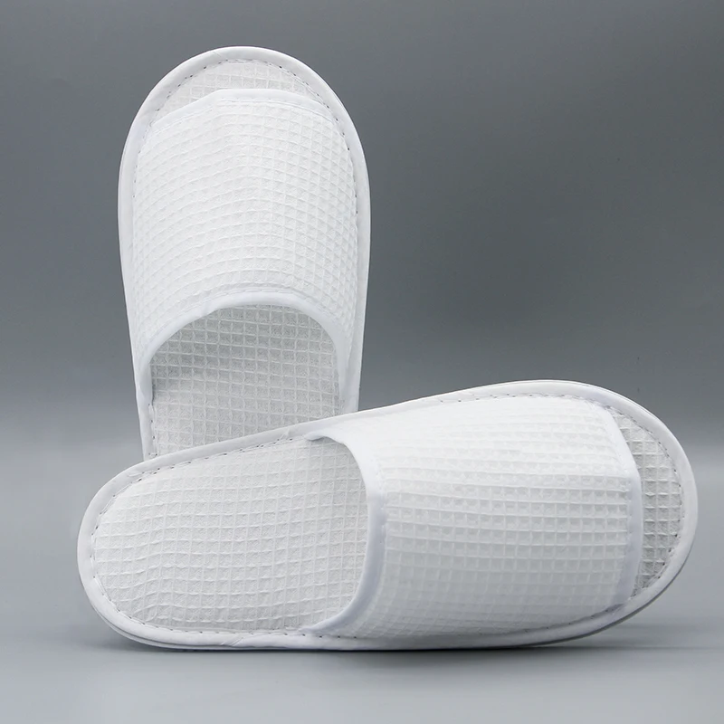 Custom White Cotton Waffle Disposable Hotel Slippers Embroidered Logo Indoor Open-toe Waffles