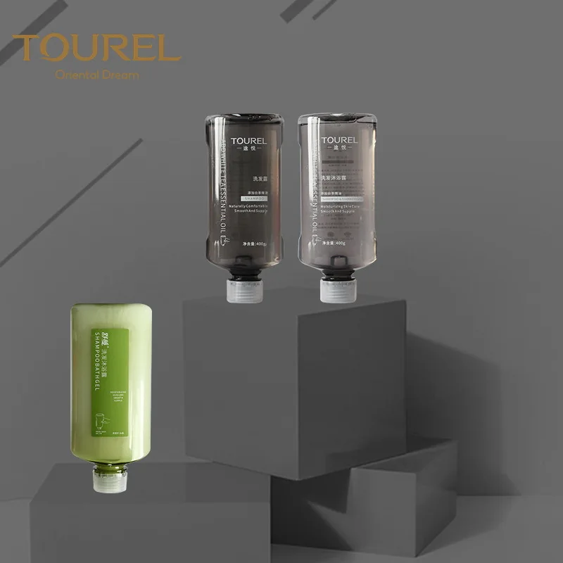 Ensemble deux-en-un de shampoing et gel douche en plastique mural pour h&ocirc;tel, format 400 ml de type M, personnalis&eacute;