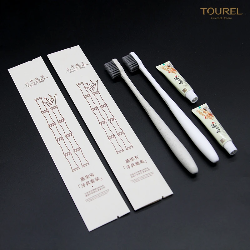 Kit de artículos de tocador para baño de hotel de lujo ecológico, bolsa de papel de caña de azúcar biodegradable con logotipo personalizado y reciclable para hoteles y complejos turísticos