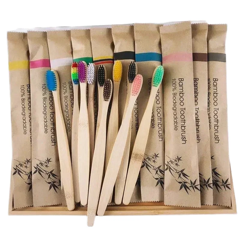 Disposable Flat Bamboo Toothbrush With Soft Charcoal Bristles Biodegradable Bamboo Handle Paper Bag Packaging For Home Use