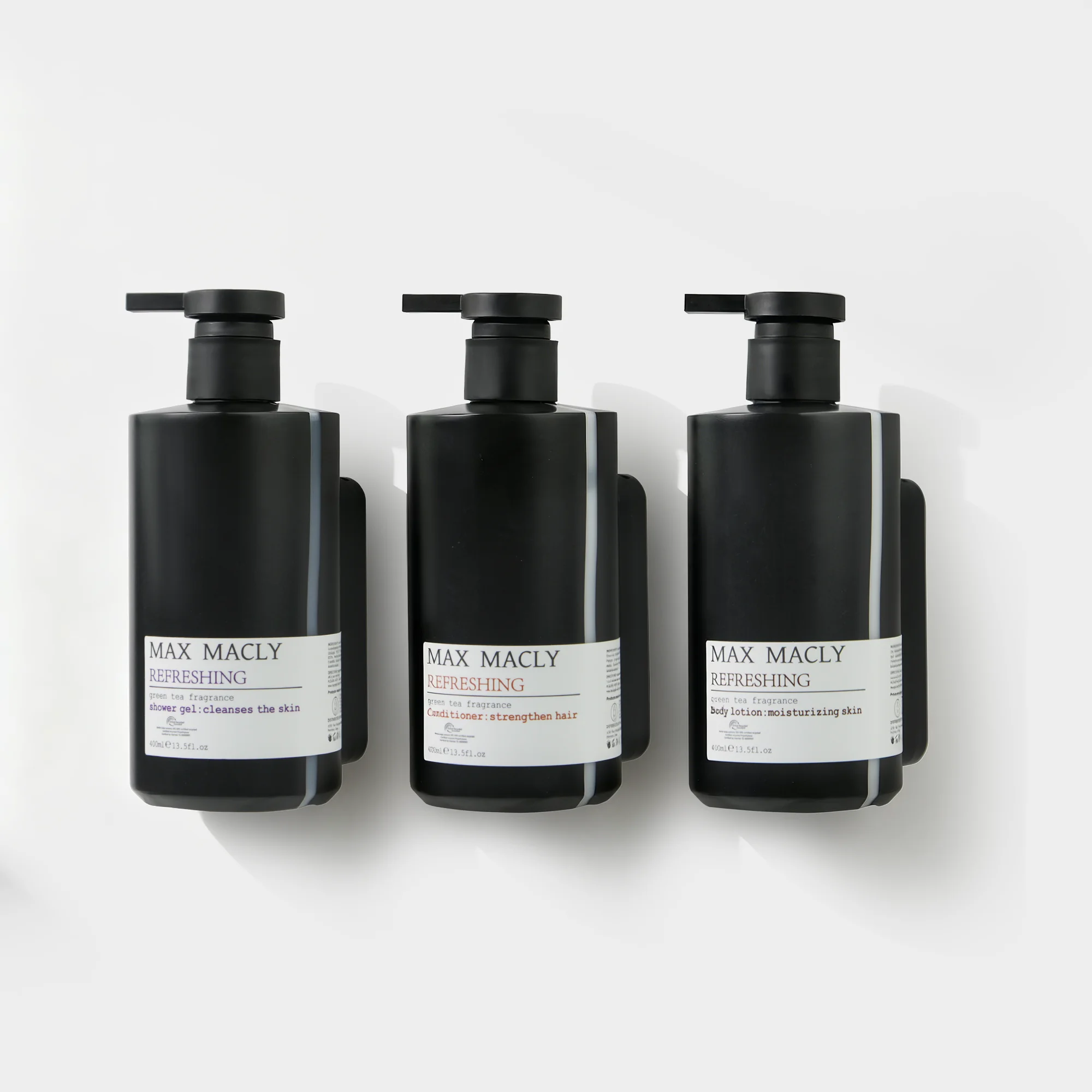 Hotel Bathroom Eco-friendly Disposable Shampoo Conditioner Body Wash Set 400ml Refillable Bottles Shower Gel Locking Wall Mount