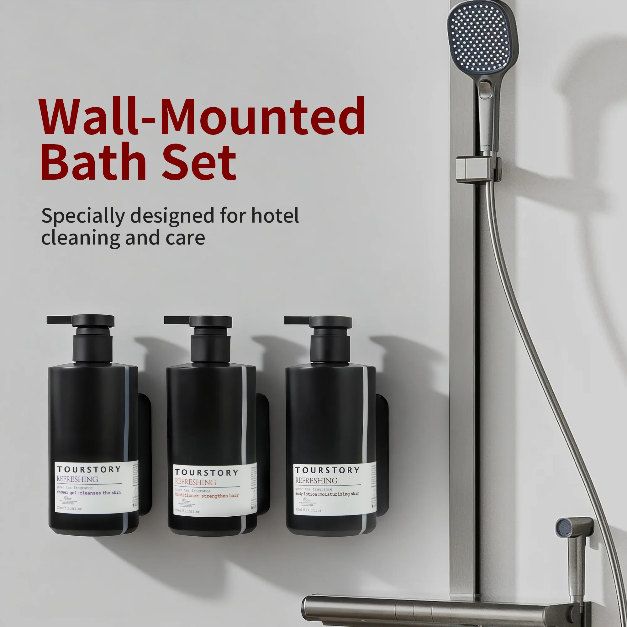 Hotel Bathroom Eco-friendly Disposable Shampoo Conditioner Body Wash Set 400ml Refillable Bottles Shower Gel Locking Wall Mount