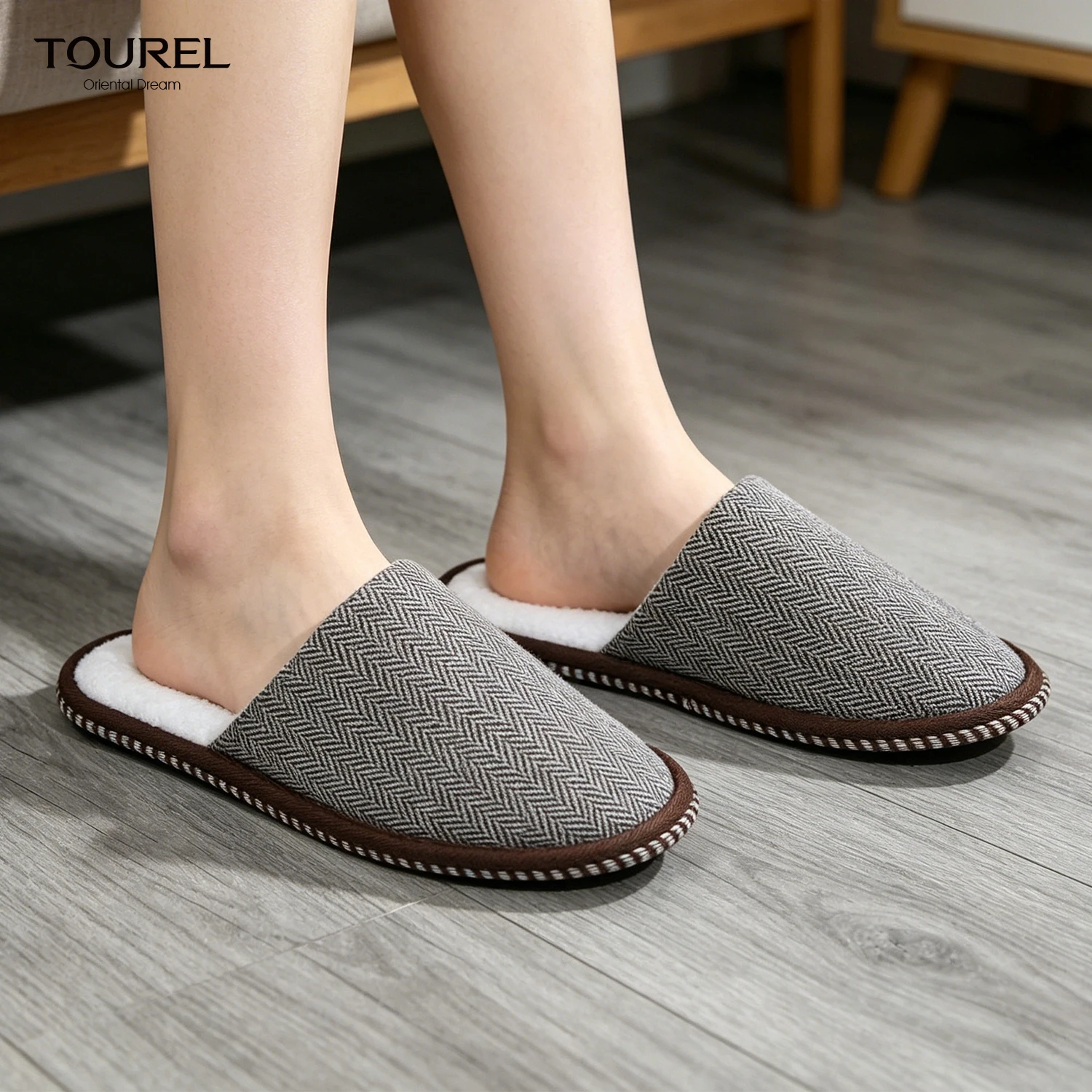Premium Herringbone Double Twill Fabric Hotel Slippers Soft Linen Coral Fleece Warm Guest Slippers