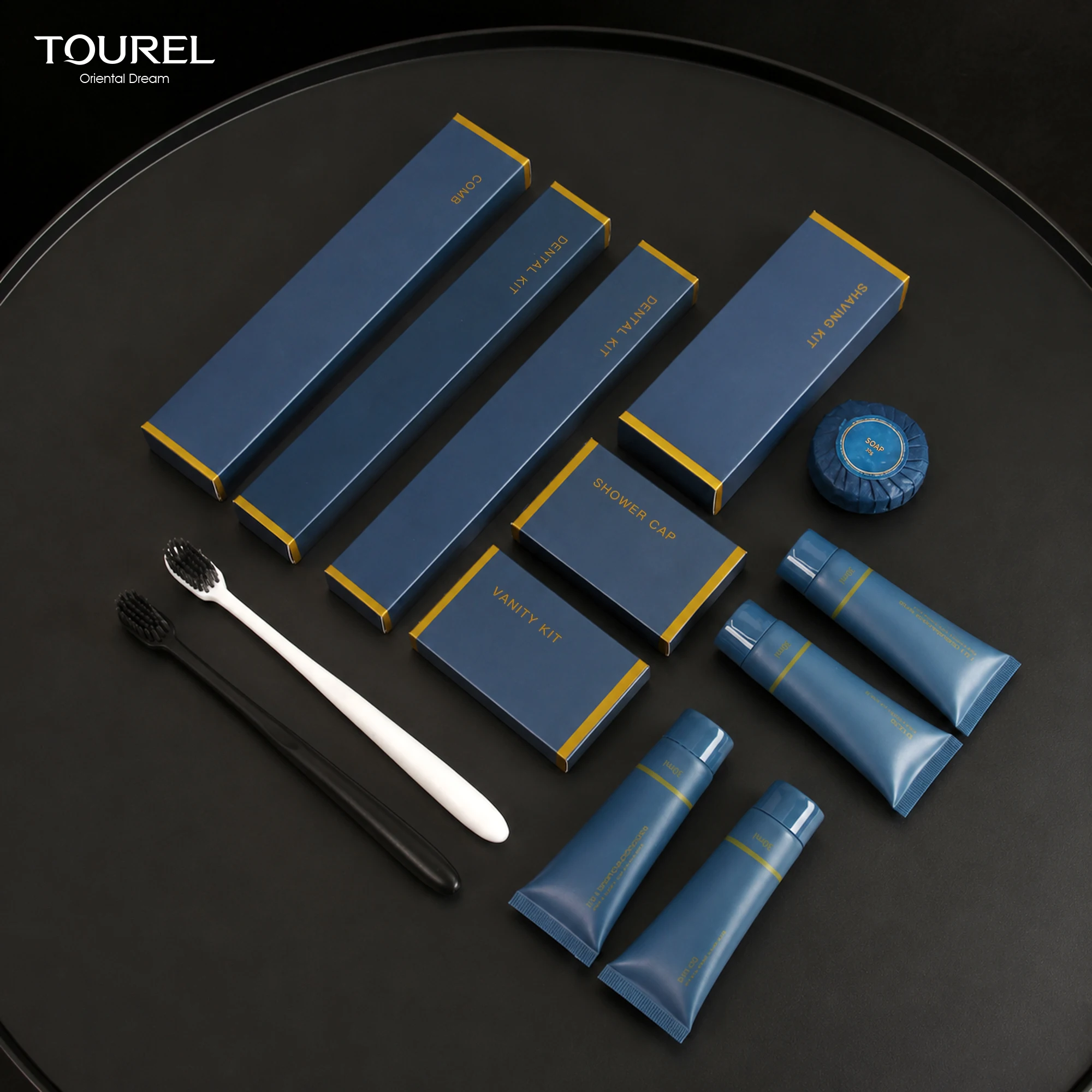 Kit de artículos de baño desechables para hotel con logotipo personalizado Star, con champú, jabón, cepillo de dientes y gel de ducha para suministros de habitaciones de huéspedes de viaje