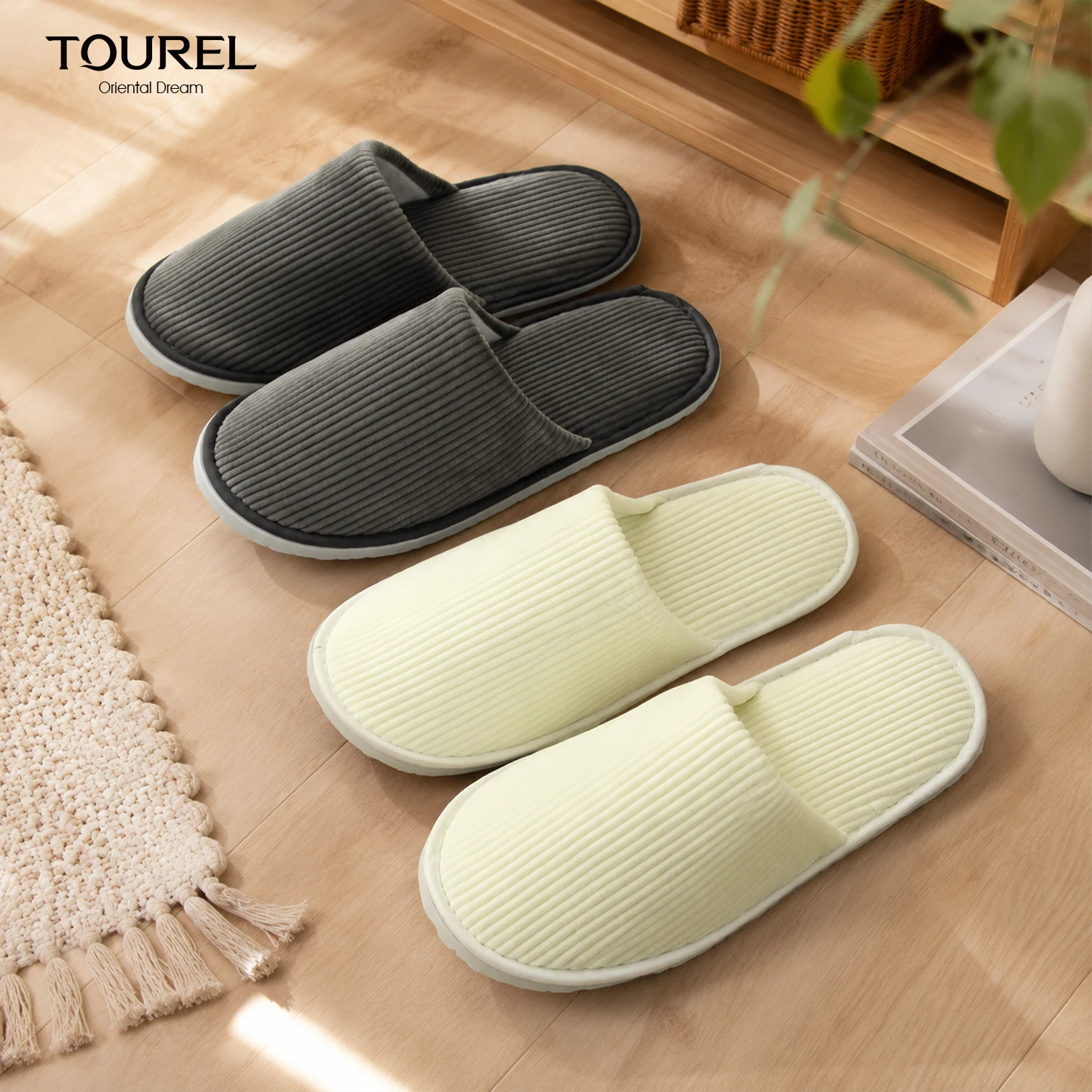 Custom Striped Flannel Disposable Slippers For Hotel Resort 7.5mm Bone Eva Sole Closed Toe Disposable Guest Slippers