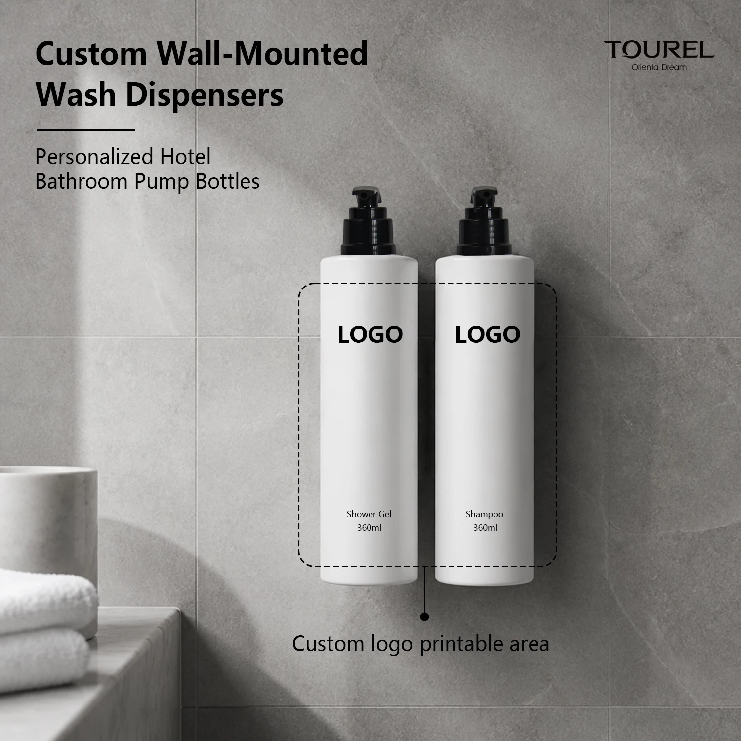 360ml Wholesale Custom Logo Wall Mounted Hotel Bathroom Shampoo Shower Gel Dispenser 3 Bottle Set