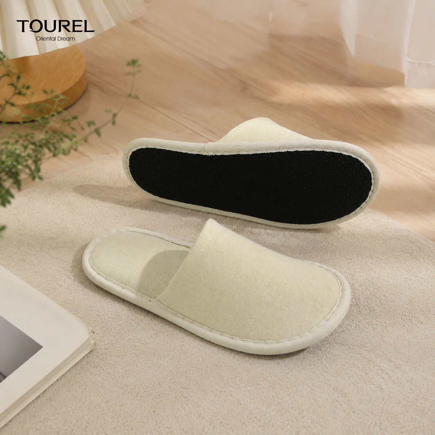 Canvas Slippers Non-slip Cushioned Sole Breathable Open Back Closed Toe Hotel Guest Bathroom Amenity Slippers