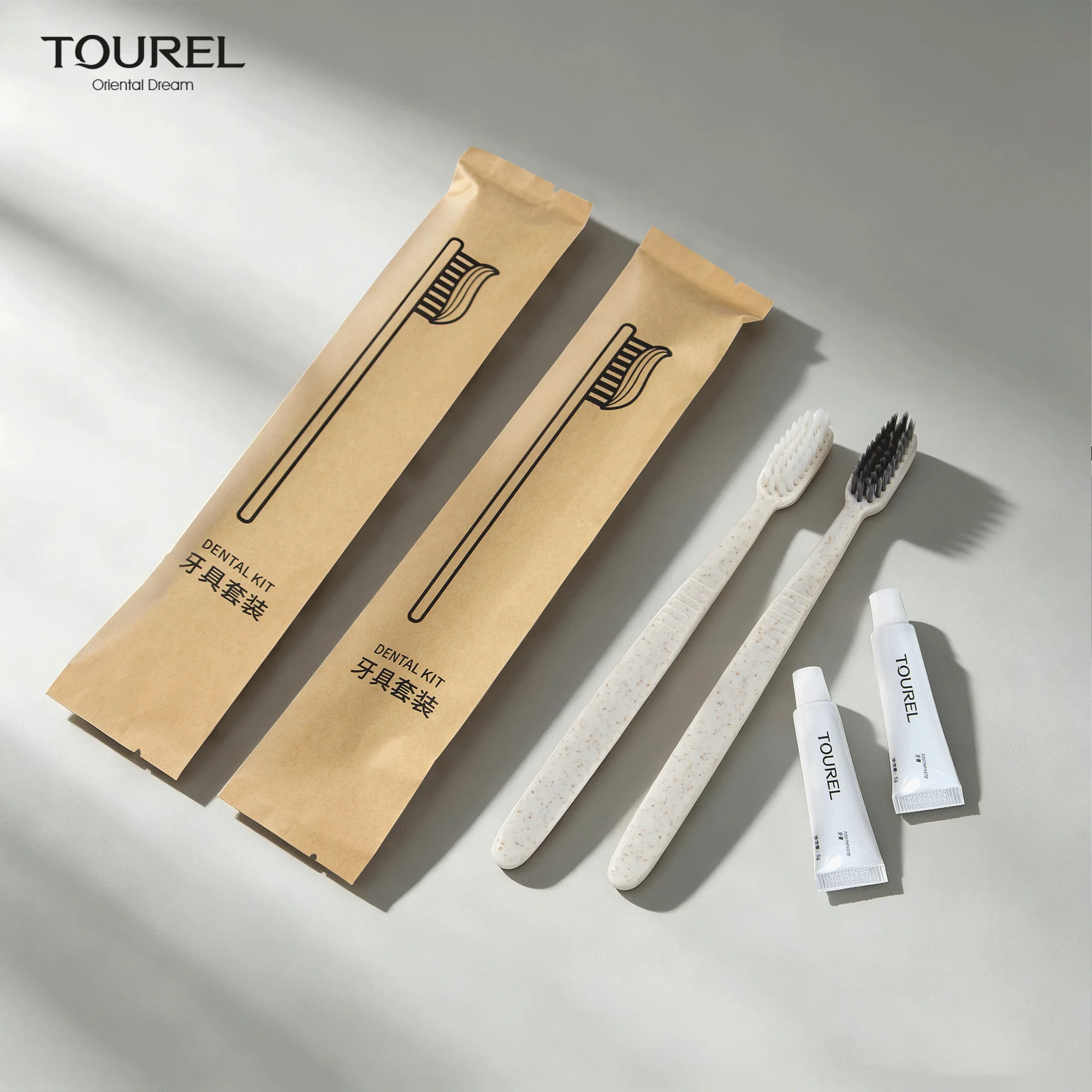 Wholesale Biodegradable Hotel Disposable Toiletries Set Kraft Paper Bag Straw Toothbrush Comb Custom Logo For Hotel