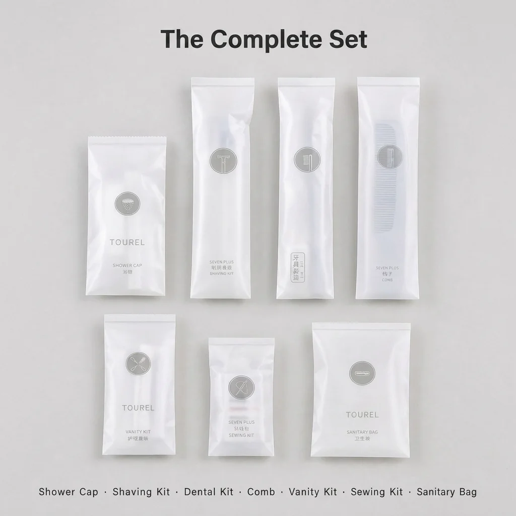 Pla Biodegradable Hotel Amenity Set 7 Piece Disposable Guest Essentials Bathroom Kit