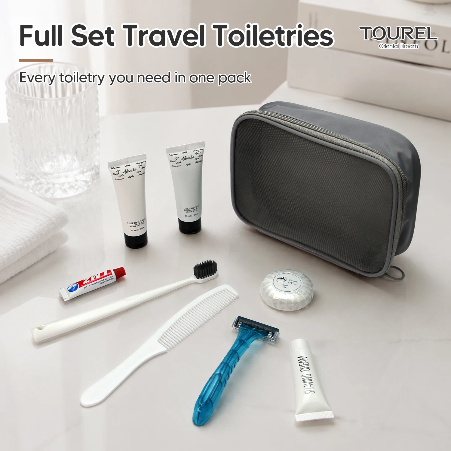 Kit de artículos de tocador de viaje de malla gris, bolsa de artículos de cortesía de 8 piezas, bolso de almacenamiento de cosméticos con cremallera portátil para uso hotelero y diario