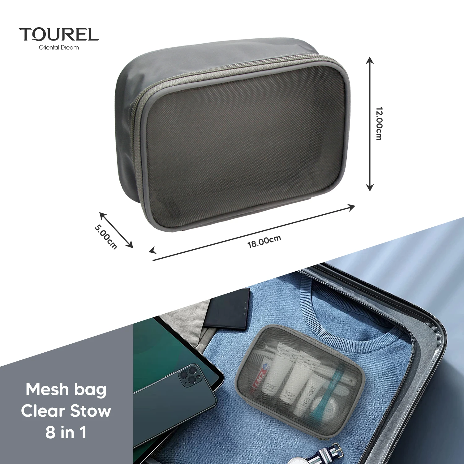 Kit de artículos de tocador de viaje de malla gris, bolsa de artículos de cortesía de 8 piezas, bolso de almacenamiento de cosméticos con cremallera portátil para uso hotelero y diario