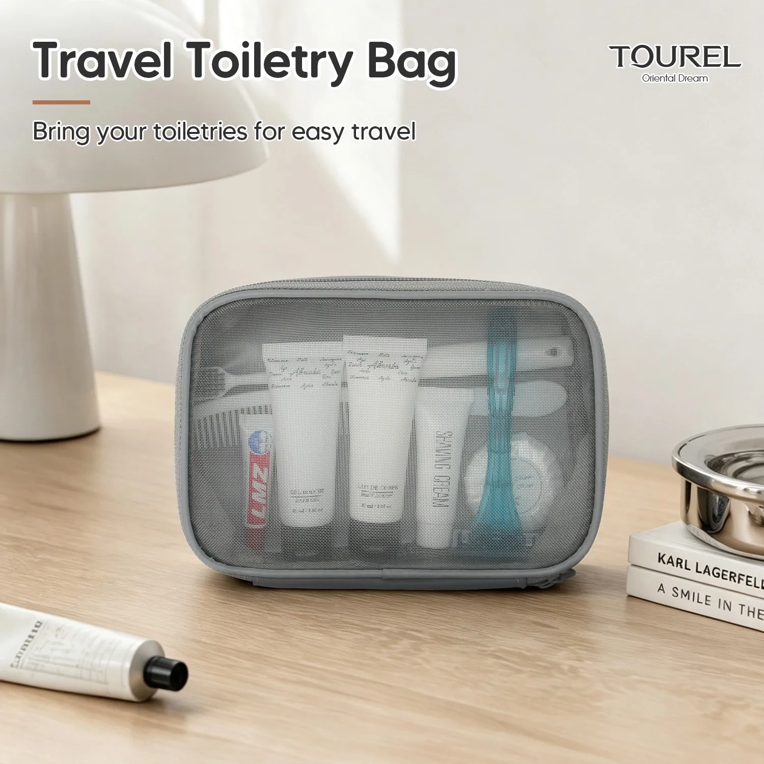 Kit de artículos de tocador de viaje de malla gris, bolsa de artículos de cortesía de 8 piezas, bolso de almacenamiento de cosméticos con cremallera portátil para uso hotelero y diario