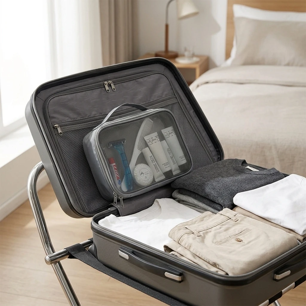 Kit de artículos de tocador de viaje de malla gris, bolsa de artículos de cortesía de 8 piezas, bolso de almacenamiento de cosméticos con cremallera portátil para uso hotelero y diario