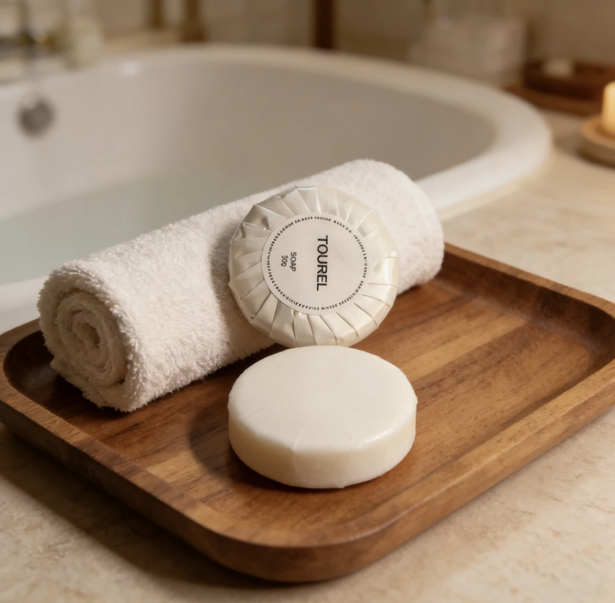 Suministros Tourel Jabón Redondo Pequeño para Hotel a Precio Económico con Envolturas Personales, Sin Fragancia, Ecológico y Certificado, Jabón Mini para Hotel