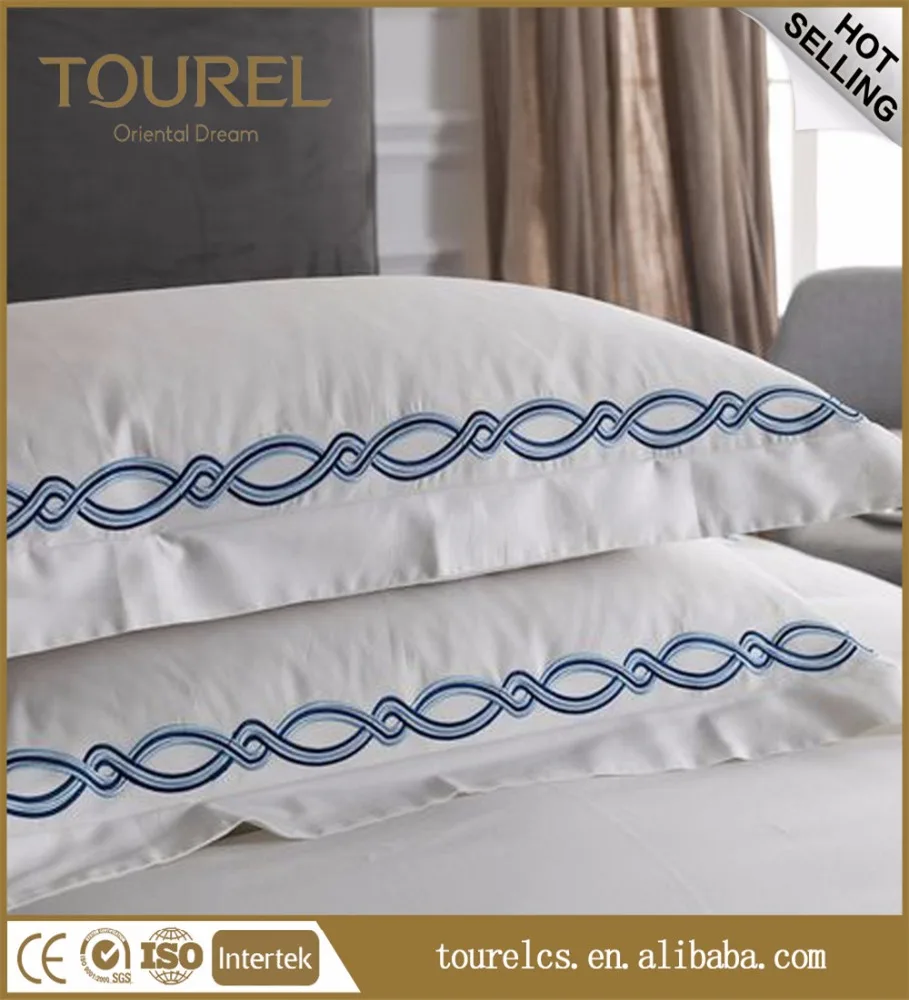 Hotel Bed Sheets 100% Cotton Polyester Striped Stitched Design Plain White Blue Embroidery Customized Size 300tc Eco-friendly